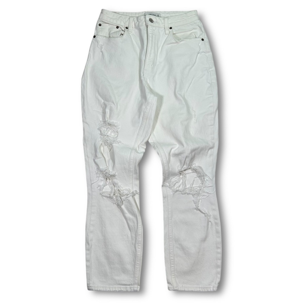 Abercrombie & Fitch High Rise Mom Jeans Curve Love Distressed White Denim‎ 27/4R